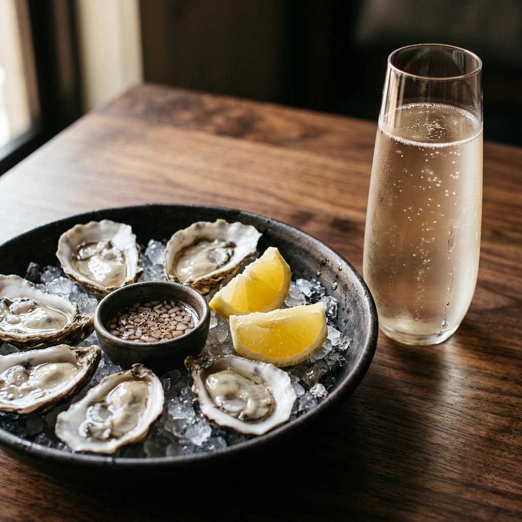 Oysters on ice with a flute of sparkling sake