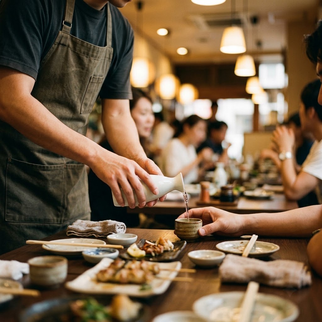 A server pouring sake at a restaurant table